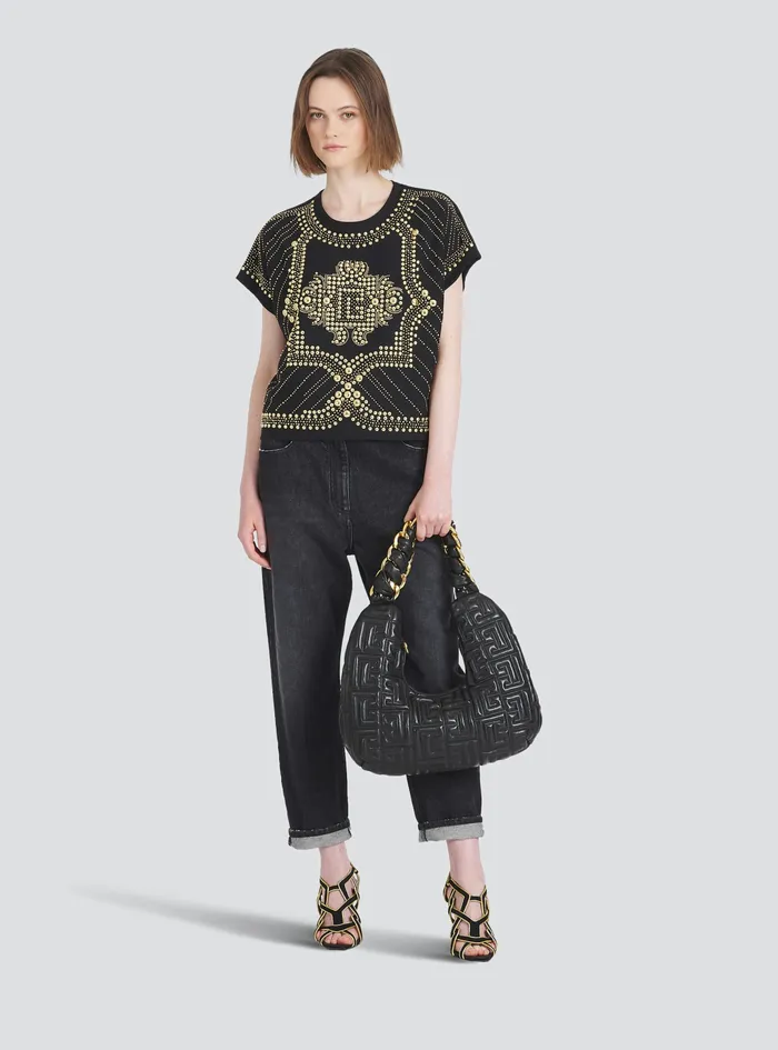 Balmain TShirts Womens Cropped EcoDesigned Cotton TShirt With Embroidered GoldTone Studs Gold Balmain TShirts Womens Cropped EcoDesigned Cotton TShirt With Embroidered GoldTone Studs Gold