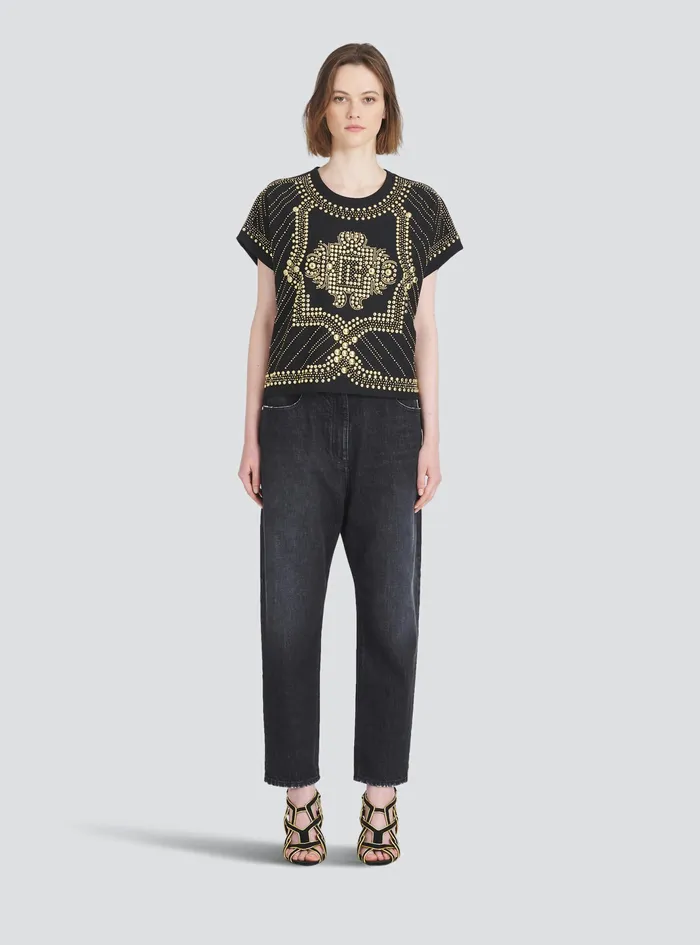 Balmain TShirts Womens Cropped EcoDesigned Cotton TShirt With Embroidered GoldTone Studs Gold Balmain TShirts Womens Cropped EcoDesigned Cotton TShirt With Embroidered GoldTone Studs Gold