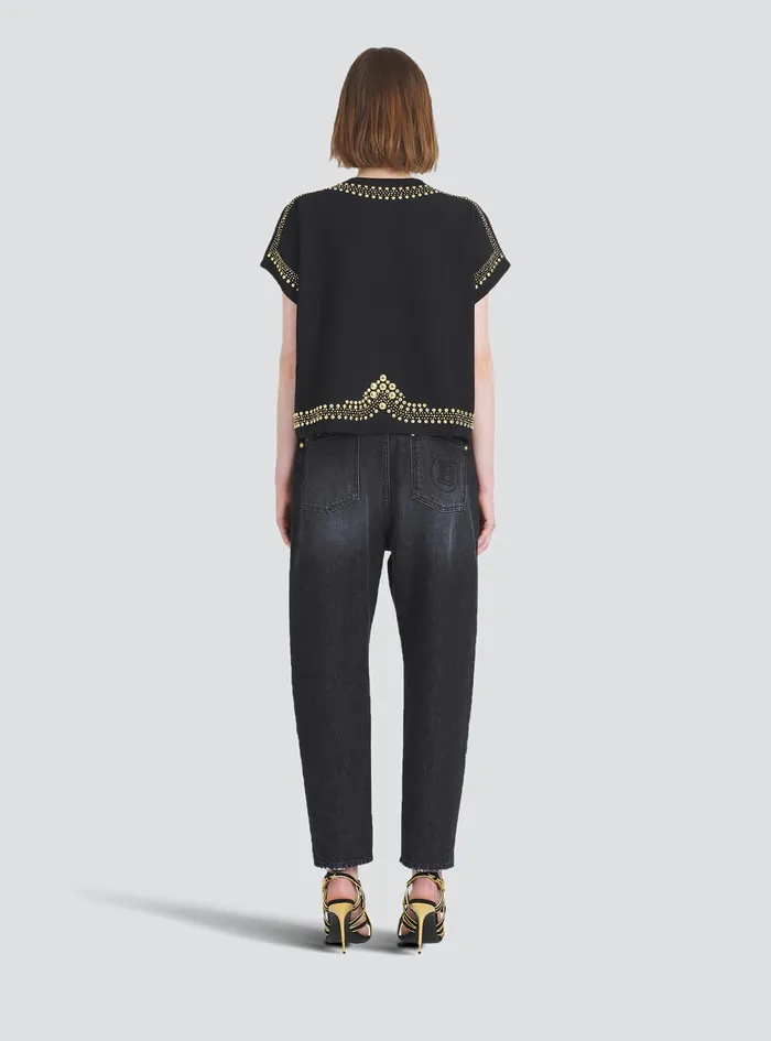 Balmain TShirts Womens Cropped EcoDesigned Cotton TShirt With Embroidered GoldTone Studs Gold Balmain TShirts Womens Cropped EcoDesigned Cotton TShirt With Embroidered GoldTone Studs Gold