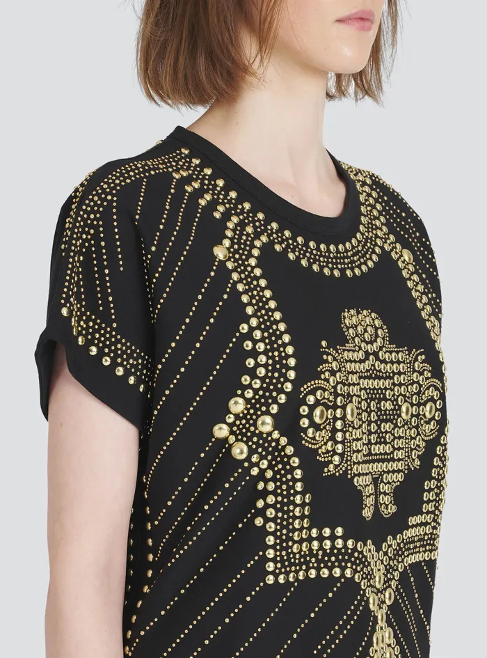 Balmain TShirts Womens Cropped EcoDesigned Cotton TShirt With Embroidered GoldTone Studs Gold Balmain TShirts Womens Cropped EcoDesigned Cotton TShirt With Embroidered GoldTone Studs Gold