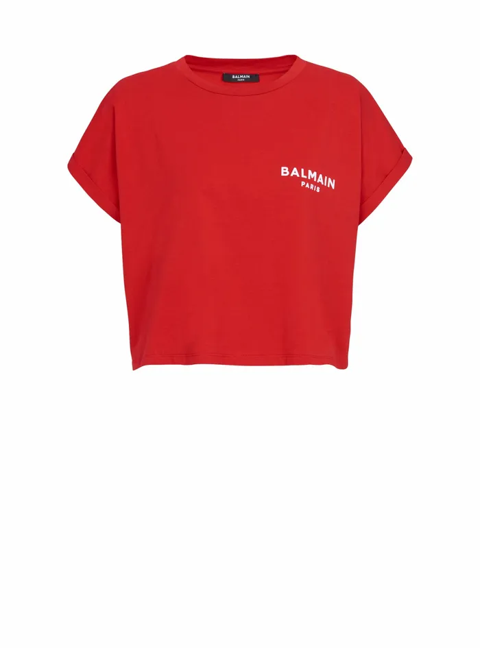 Balmain TShirts Womens Cropped EcoDesigned Cotton TShirt With Small Flocked Balmain Logo Red Balmain TShirts Womens Cropped EcoDesigned Cotton TShirt With Small Flocked Balmain Logo Red