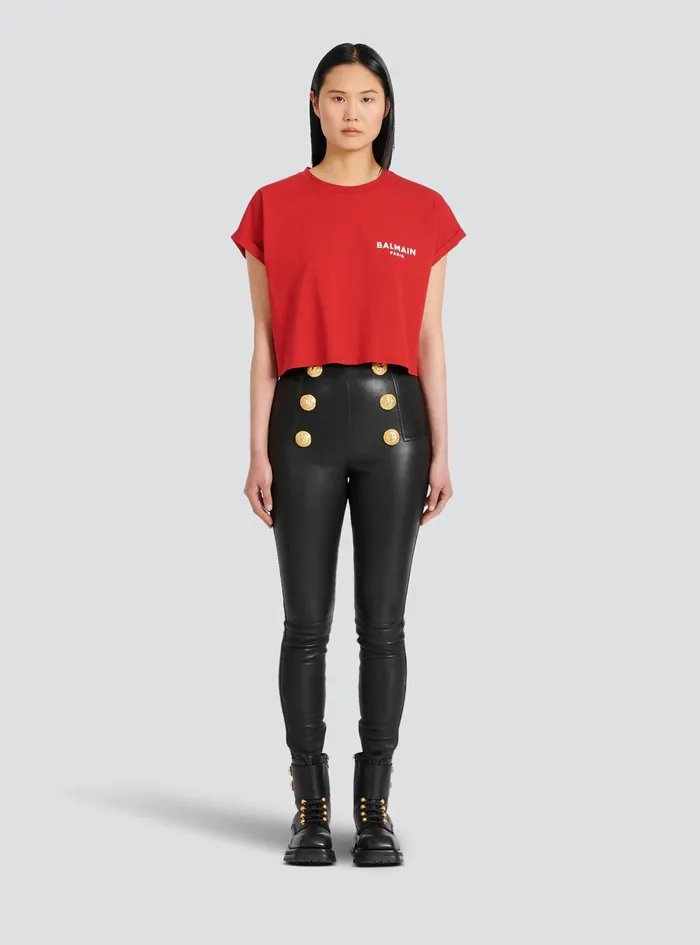 Balmain TShirts Womens Cropped EcoDesigned Cotton TShirt With Small Flocked Balmain Logo Red
