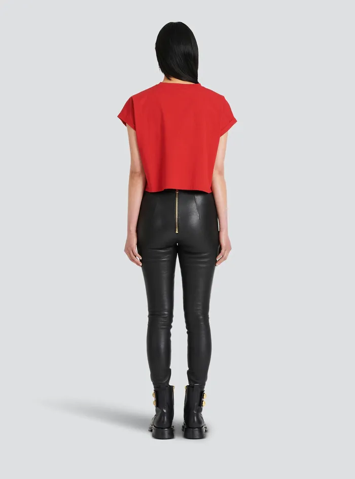 Balmain TShirts Womens Cropped EcoDesigned Cotton TShirt With Small Flocked Balmain Logo Red