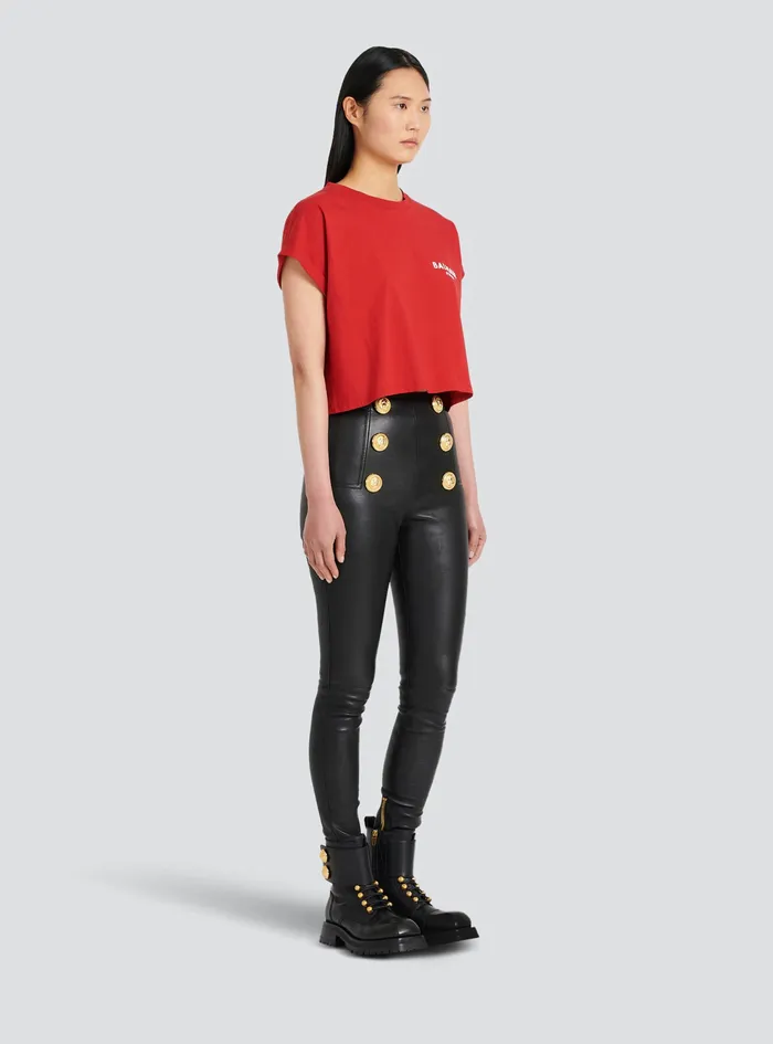Balmain TShirts Womens Cropped EcoDesigned Cotton TShirt With Small Flocked Balmain Logo Red