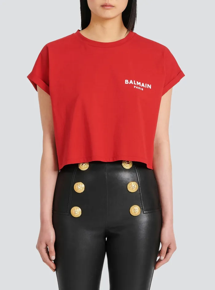 Balmain TShirts Womens Cropped EcoDesigned Cotton TShirt With Small Flocked Balmain Logo Red