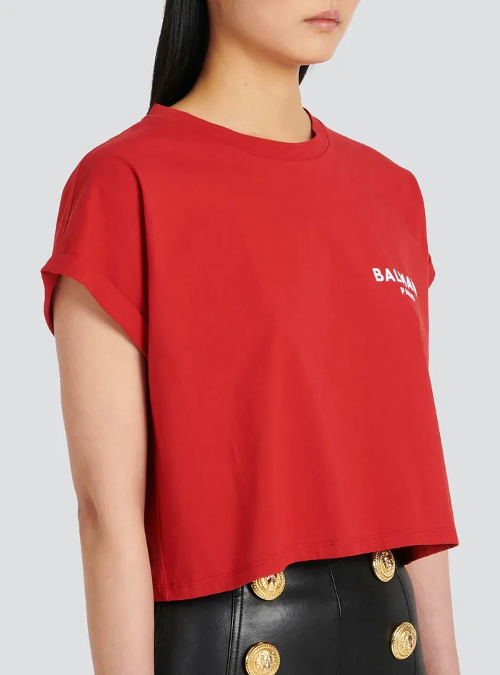Balmain TShirts Womens Cropped EcoDesigned Cotton TShirt With Small Flocked Balmain Logo Red