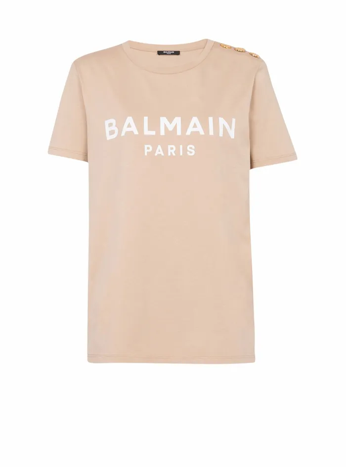 Balmain TShirts Womens EcoDesigned Cotton TShirt With Balmain Logo Print Beige Balmain TShirts Womens EcoDesigned Cotton TShirt With Balmain Logo Print Beige