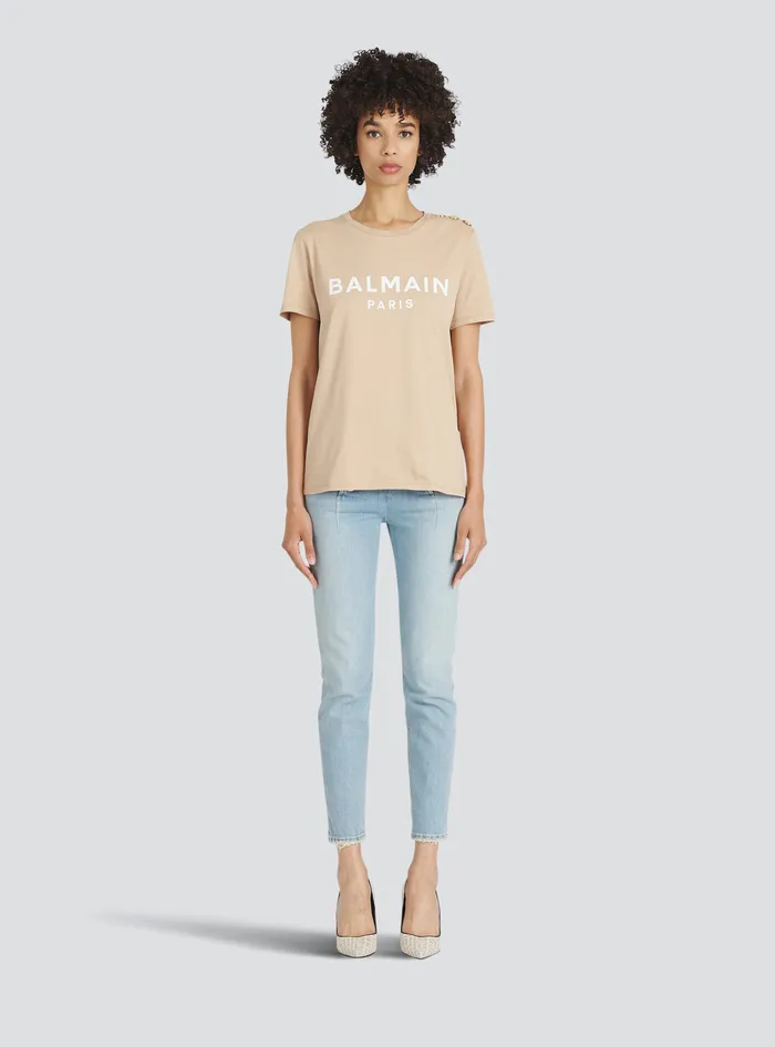 Balmain TShirts Womens EcoDesigned Cotton TShirt With Balmain Logo Print Beige Balmain TShirts Womens EcoDesigned Cotton TShirt With Balmain Logo Print Beige