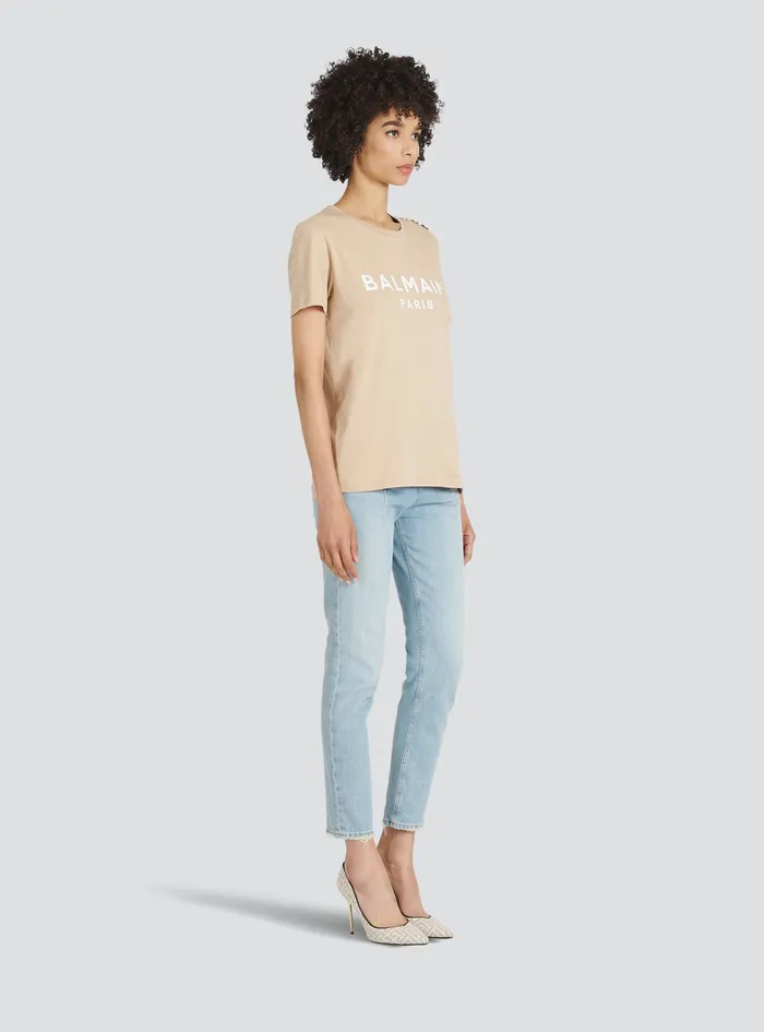 Balmain TShirts Womens EcoDesigned Cotton TShirt With Balmain Logo Print Beige Balmain TShirts Womens EcoDesigned Cotton TShirt With Balmain Logo Print Beige