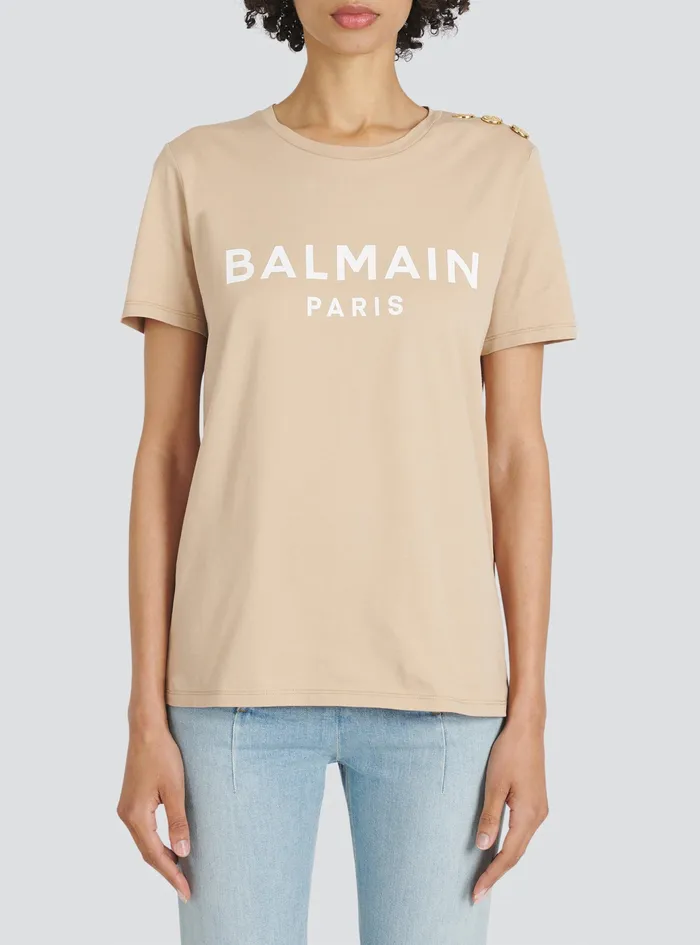 Balmain TShirts Womens EcoDesigned Cotton TShirt With Balmain Logo Print Beige Balmain TShirts Womens EcoDesigned Cotton TShirt With Balmain Logo Print Beige