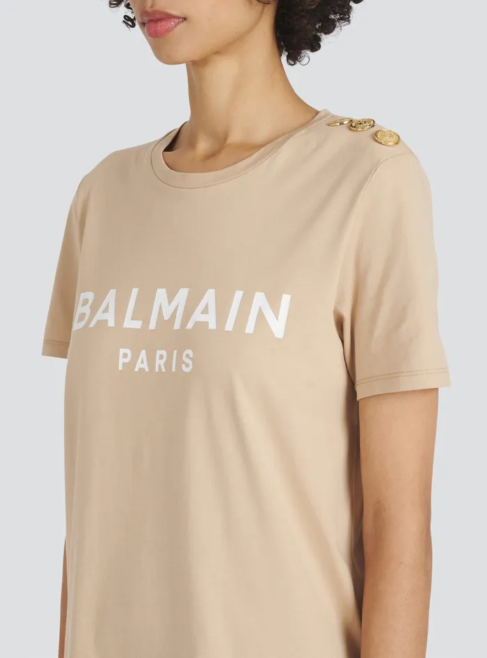 Balmain TShirts Womens EcoDesigned Cotton TShirt With Balmain Logo Print Beige Balmain TShirts Womens EcoDesigned Cotton TShirt With Balmain Logo Print Beige