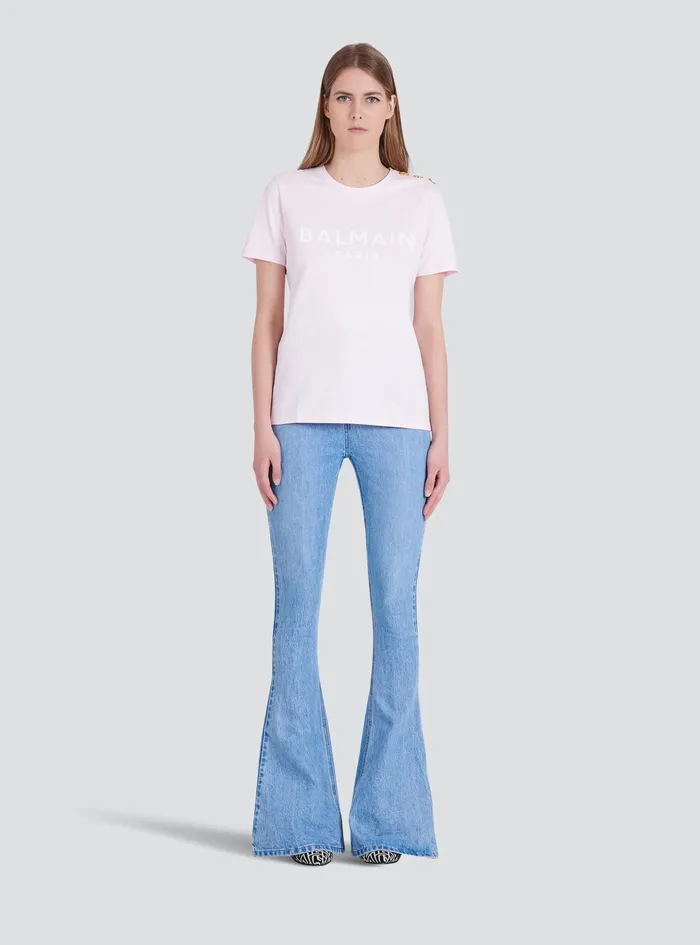 Balmain TShirts Womens EcoDesigned Cotton TShirt With Balmain Logo Print Pink Balmain TShirts Womens EcoDesigned Cotton TShirt With Balmain Logo Print Pink