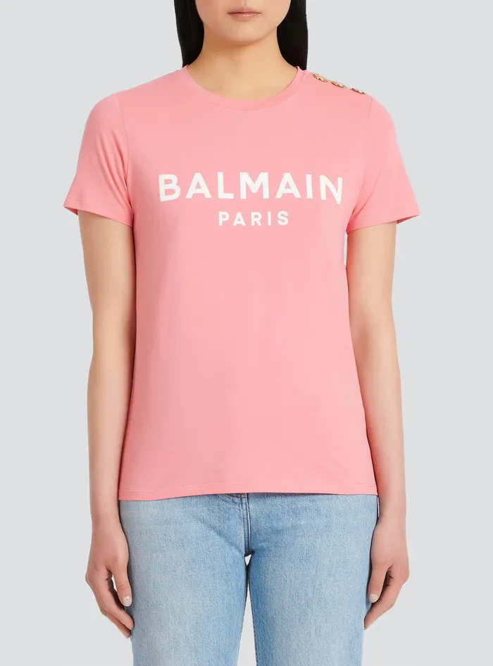 Balmain TShirts Womens EcoDesigned Cotton TShirt With Balmain Logo Print Pink Balmain TShirts Womens EcoDesigned Cotton TShirt With Balmain Logo Print Pink