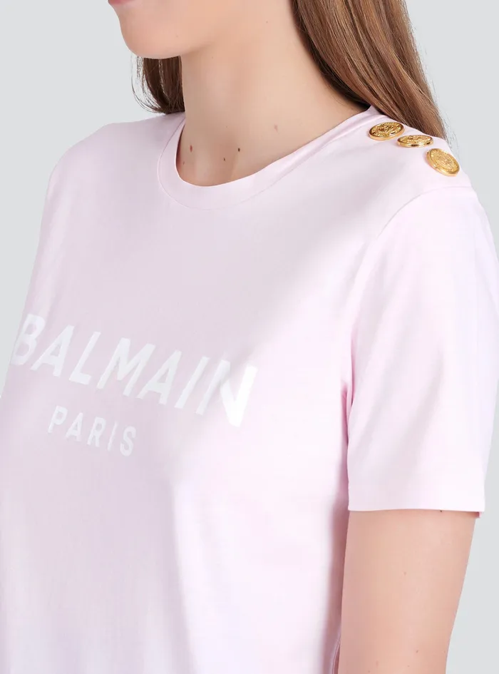 Balmain TShirts Womens EcoDesigned Cotton TShirt With Balmain Logo Print Pink Balmain TShirts Womens EcoDesigned Cotton TShirt With Balmain Logo Print Pink