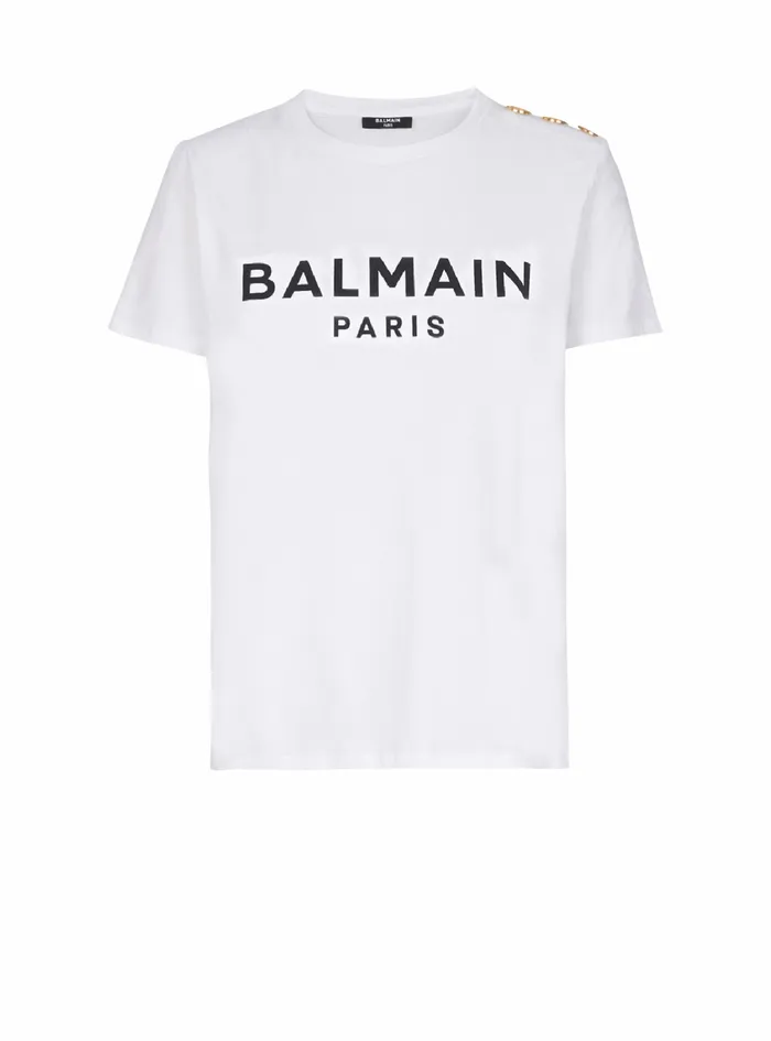 Balmain TShirts Womens EcoDesigned Cotton TShirt With Balmain Logo Print White Balmain TShirts Womens EcoDesigned Cotton TShirt With Balmain Logo Print White