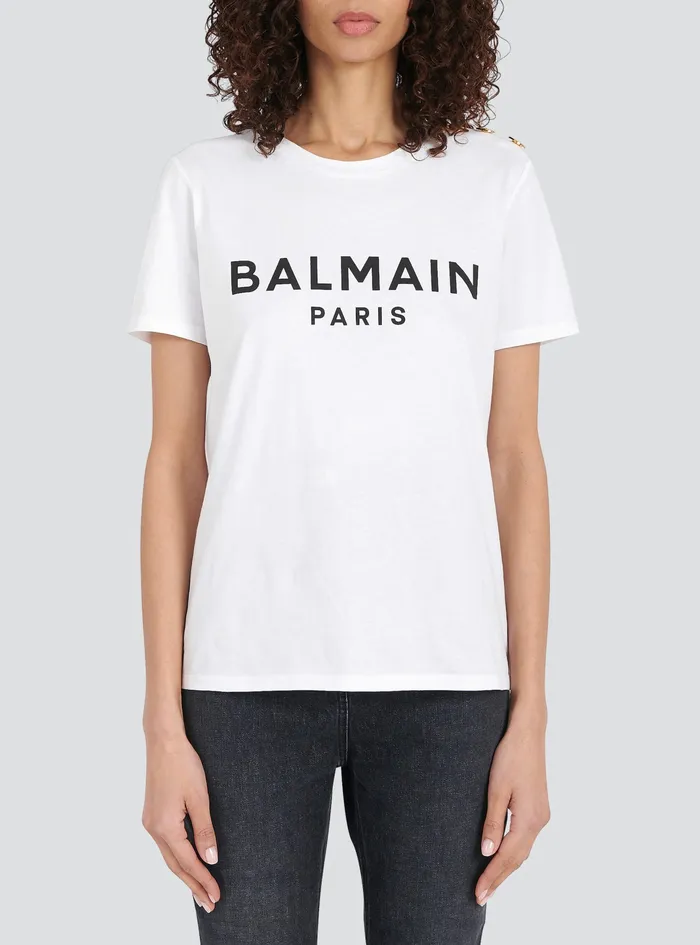 Balmain TShirts Womens EcoDesigned Cotton TShirt With Balmain Logo Print White Balmain TShirts Womens EcoDesigned Cotton TShirt With Balmain Logo Print White