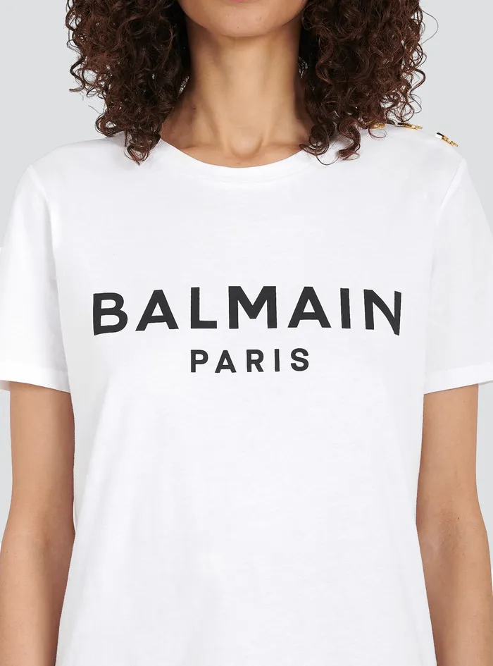 Balmain TShirts Womens EcoDesigned Cotton TShirt With Balmain Logo Print White Balmain TShirts Womens EcoDesigned Cotton TShirt With Balmain Logo Print White