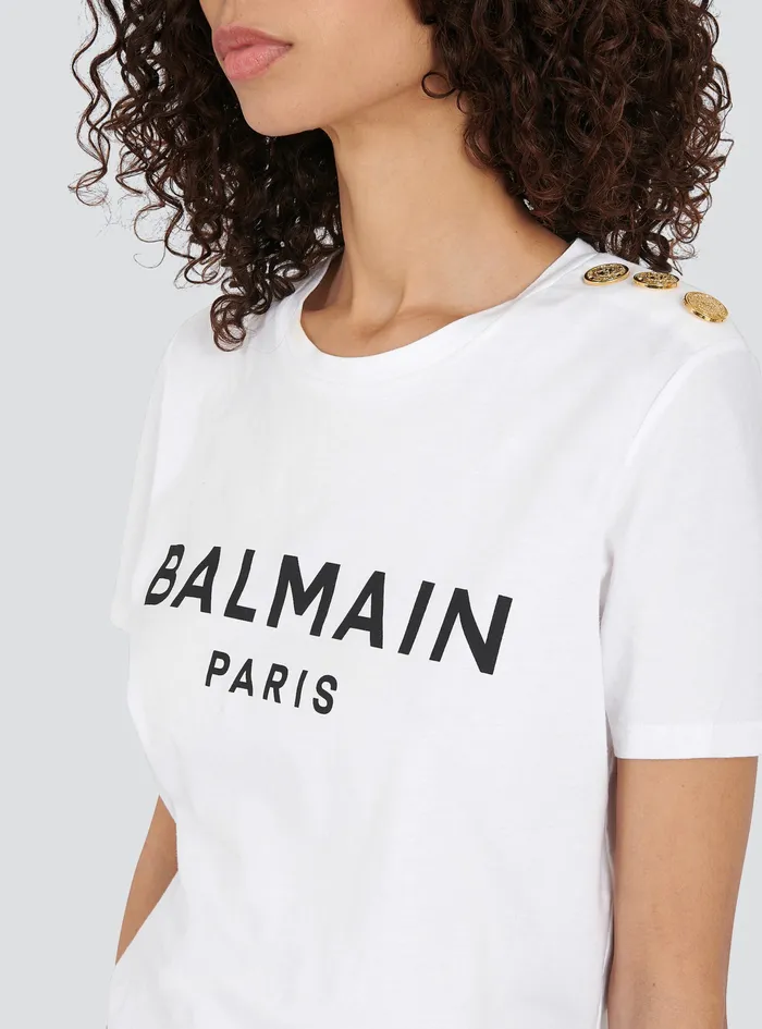 Balmain TShirts Womens EcoDesigned Cotton TShirt With Balmain Logo Print White Balmain TShirts Womens EcoDesigned Cotton TShirt With Balmain Logo Print White
