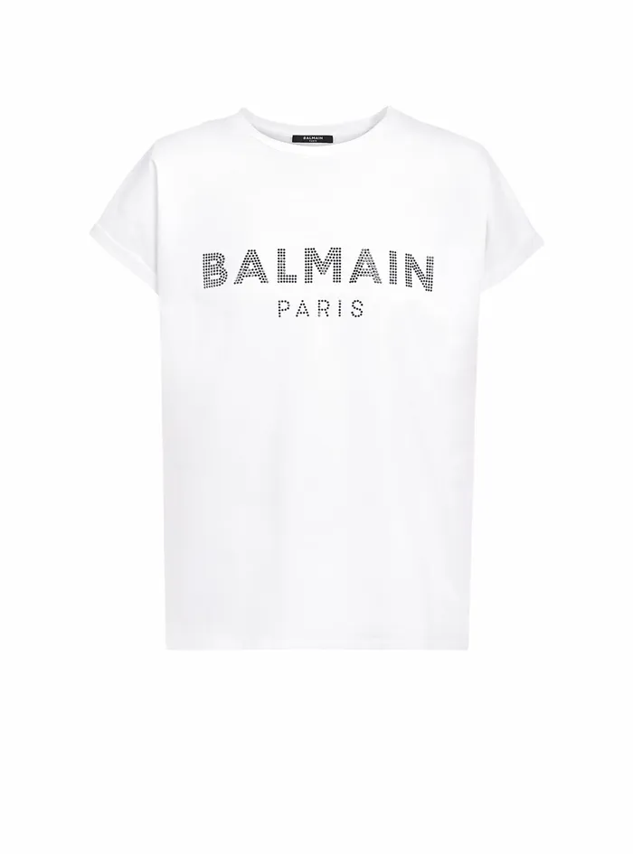 Balmain TShirts Womens EcoDesigned Cotton TShirt With Rhinestone Logo White