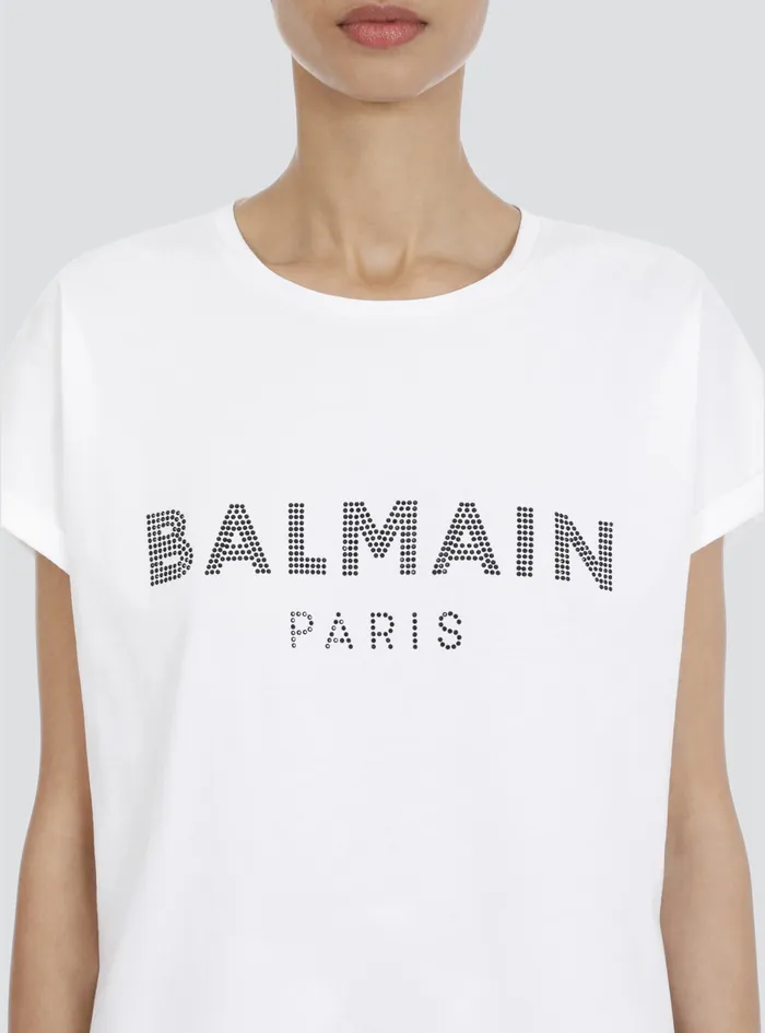 Balmain TShirts Womens EcoDesigned Cotton TShirt With Rhinestone Logo White Balmain TShirts Womens EcoDesigned Cotton TShirt With Rhinestone Logo White