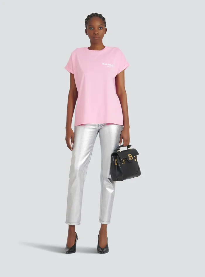Balmain TShirts Womens EcoDesigned Cotton TShirt With Small Flocked Balmain Logo Pink
