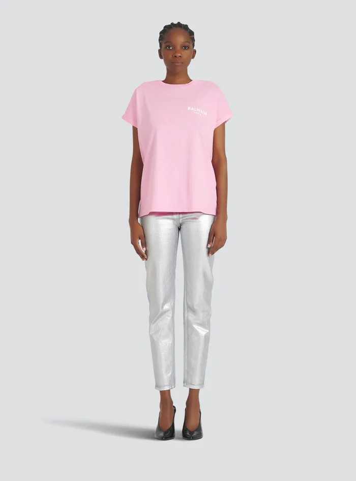 Balmain TShirts Womens EcoDesigned Cotton TShirt With Small Flocked Balmain Logo Pink