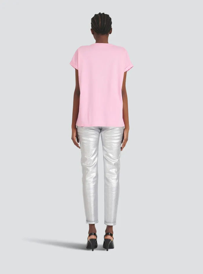 Balmain TShirts Womens EcoDesigned Cotton TShirt With Small Flocked Balmain Logo Pink