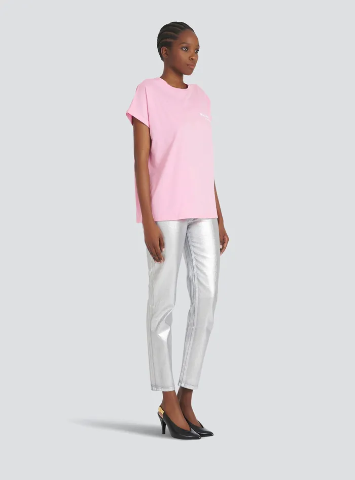 Balmain TShirts Womens EcoDesigned Cotton TShirt With Small Flocked Balmain Logo Pink