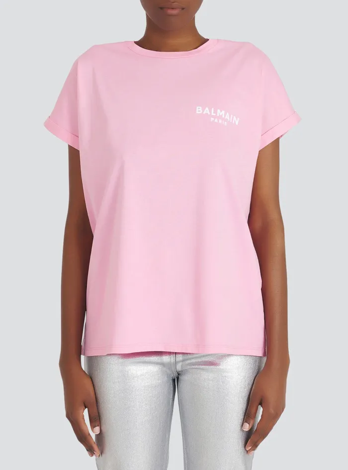 Balmain TShirts Womens EcoDesigned Cotton TShirt With Small Flocked Balmain Logo Pink