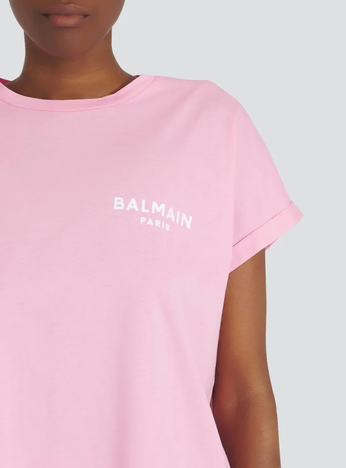Balmain TShirts Womens EcoDesigned Cotton TShirt With Small Flocked Balmain Logo Pink