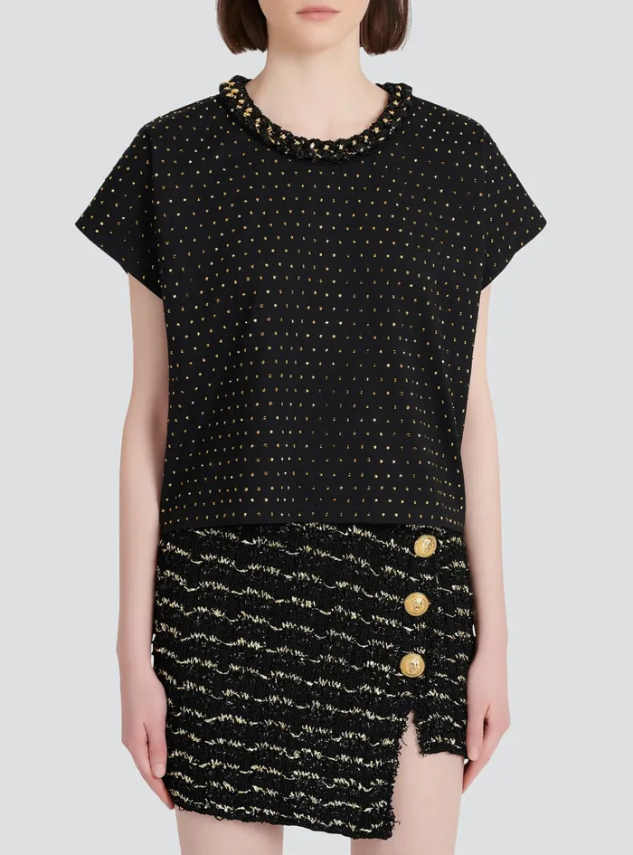 Balmain Tops And Shirts Womens Cotton Top With Strass Black