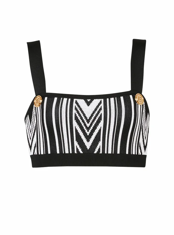 Balmain Tops And Shirts Womens Knit Crop Top With GoldTone Buttons Black