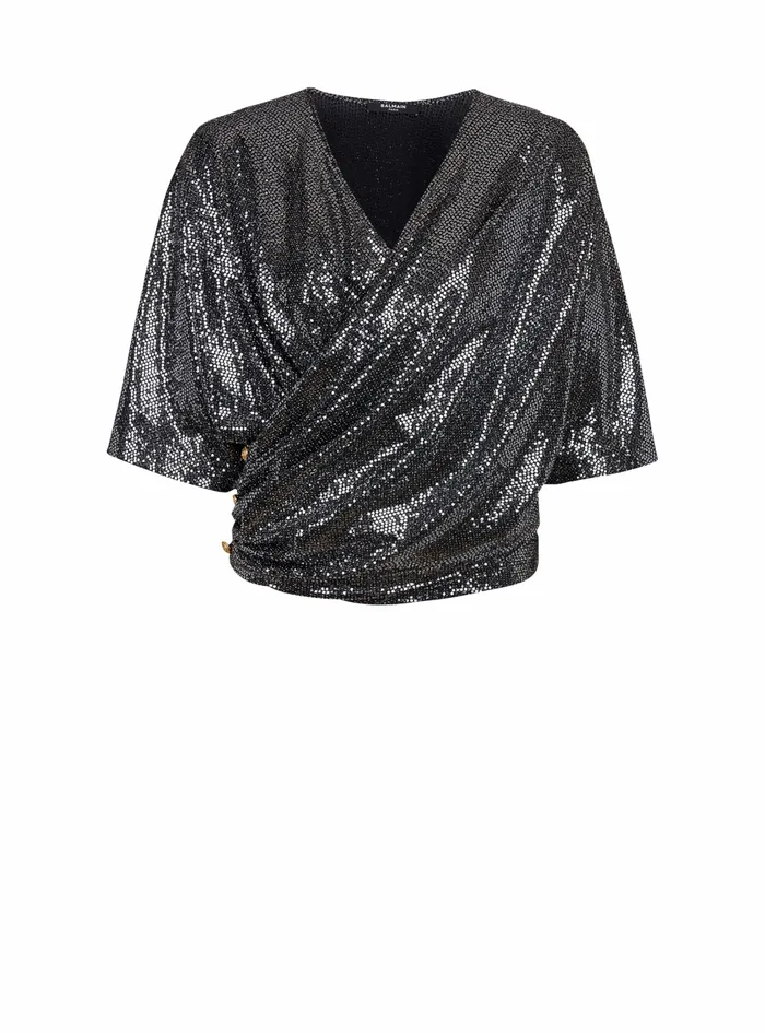 Balmain Tops And Shirts Womens Sequined Jersey TShirt Silver