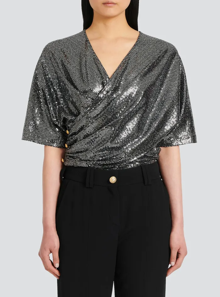 Balmain Tops And Shirts Womens Sequined Jersey TShirt Silver Balmain Tops And Shirts Womens Sequined Jersey TShirt Silver