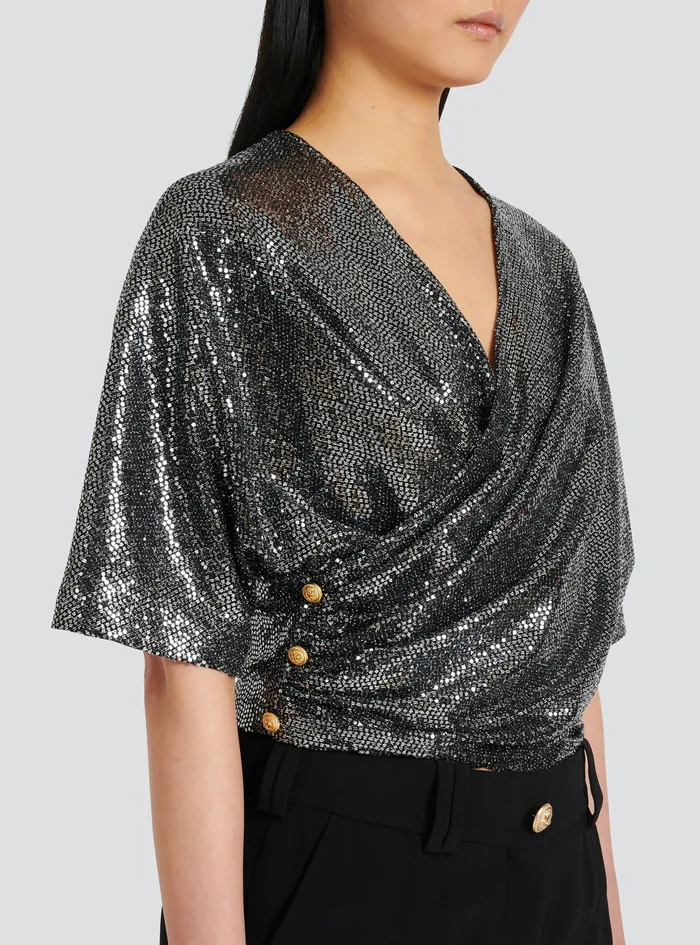 Balmain Tops And Shirts Womens Sequined Jersey TShirt Silver Balmain Tops And Shirts Womens Sequined Jersey TShirt Silver