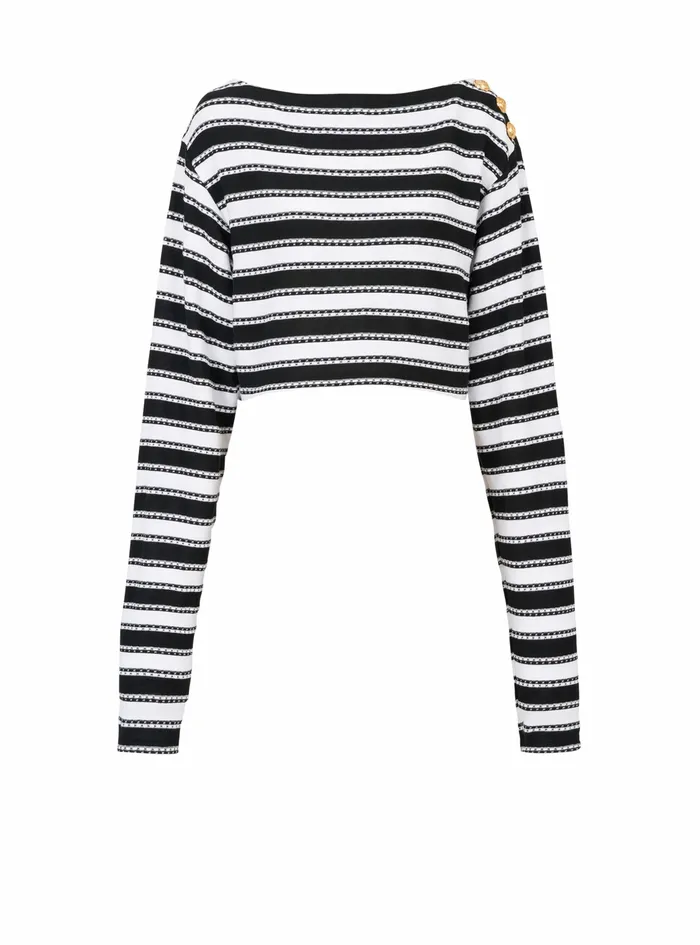 Balmain Tops And Shirts Womens Striped EcoDesigned OffTheShoulder Crop Top Black Balmain Tops And Shirts Womens Striped EcoDesigned OffTheShoulder Crop Top Black