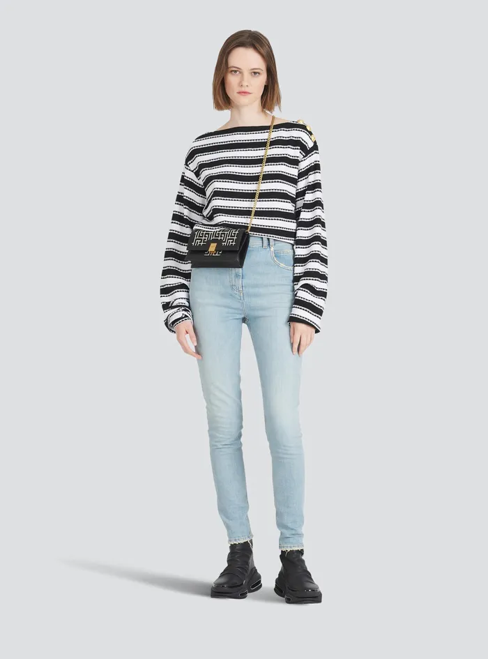 Balmain Tops And Shirts Womens Striped EcoDesigned OffTheShoulder Crop Top Black Balmain Tops And Shirts Womens Striped EcoDesigned OffTheShoulder Crop Top Black