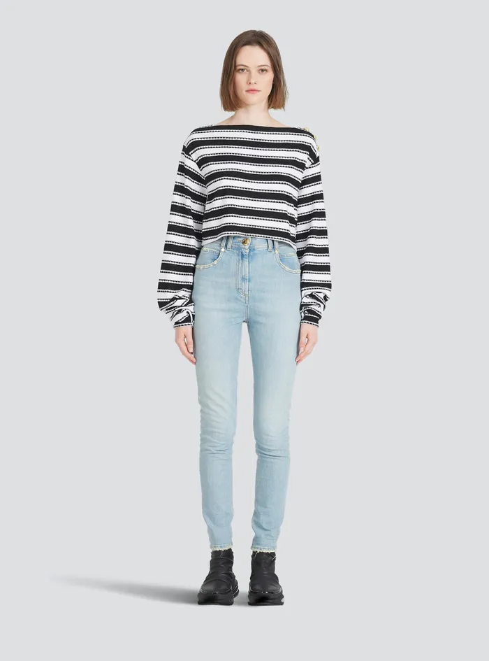 Balmain Tops And Shirts Womens Striped EcoDesigned OffTheShoulder Crop Top Black Balmain Tops And Shirts Womens Striped EcoDesigned OffTheShoulder Crop Top Black