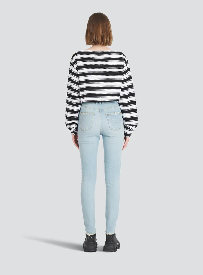 Balmain Tops And Shirts Womens Striped EcoDesigned OffTheShoulder Crop Top Black Balmain Tops And Shirts Womens Striped EcoDesigned OffTheShoulder Crop Top Black