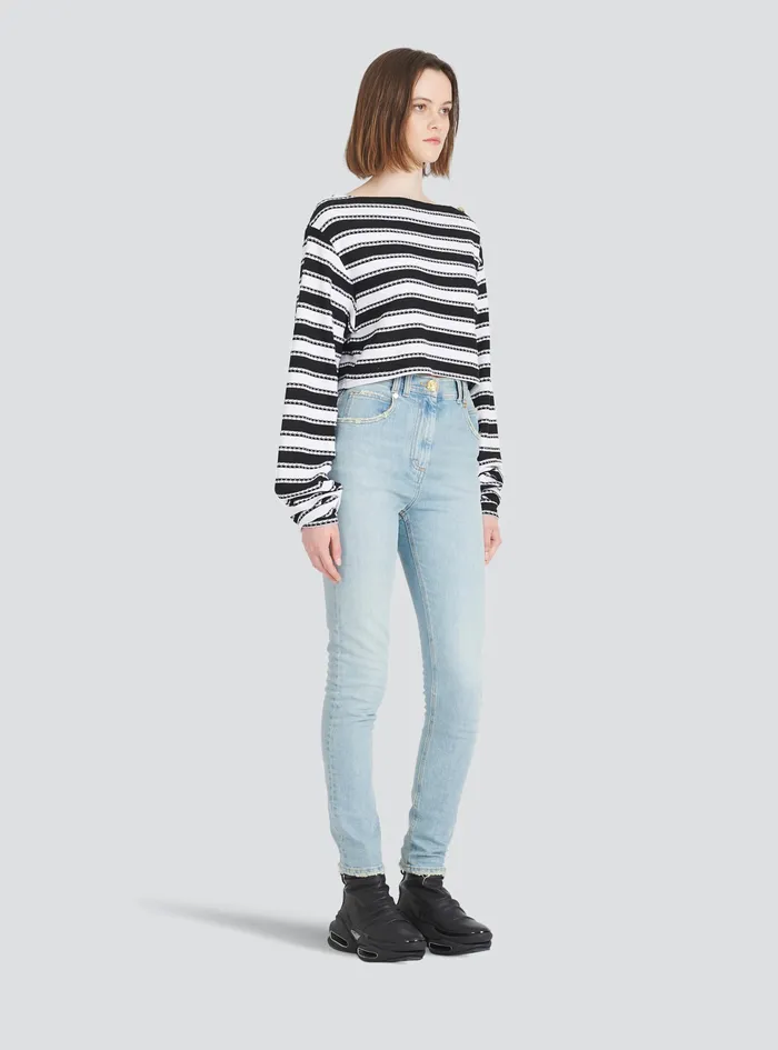 Balmain Tops And Shirts Womens Striped EcoDesigned OffTheShoulder Crop Top Black Balmain Tops And Shirts Womens Striped EcoDesigned OffTheShoulder Crop Top Black