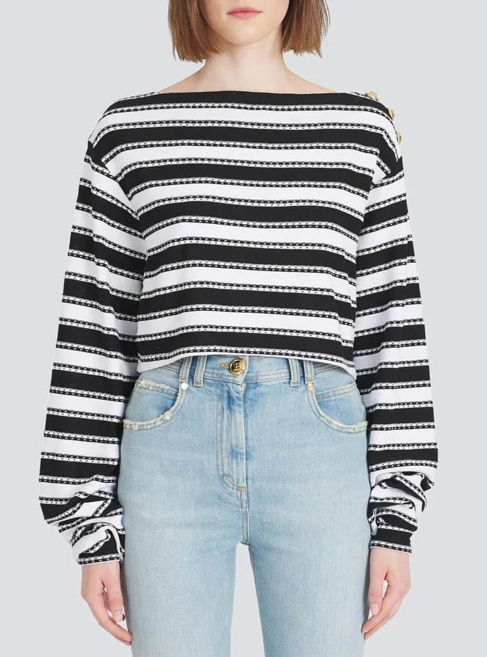 Balmain Tops And Shirts Womens Striped EcoDesigned OffTheShoulder Crop Top Black Balmain Tops And Shirts Womens Striped EcoDesigned OffTheShoulder Crop Top Black