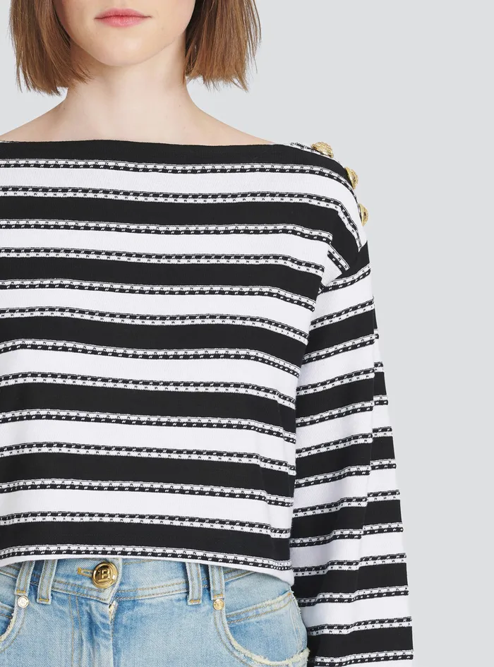 Balmain Tops And Shirts Womens Striped EcoDesigned OffTheShoulder Crop Top Black Balmain Tops And Shirts Womens Striped EcoDesigned OffTheShoulder Crop Top Black