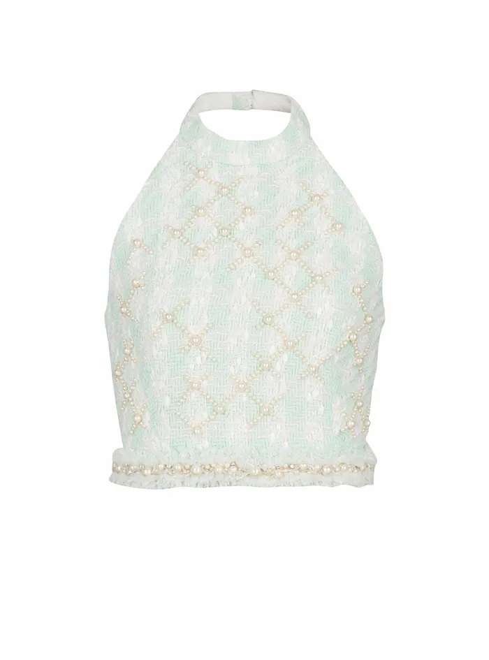 Balmain Tops And Shirts Womens Tweed Crop Top With Embroidery Green