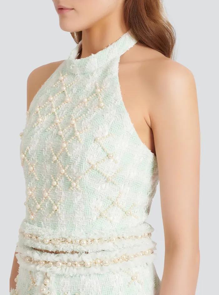 Balmain Tops And Shirts Womens Tweed Crop Top With Embroidery Green Balmain Tops And Shirts Womens Tweed Crop Top With Embroidery Green