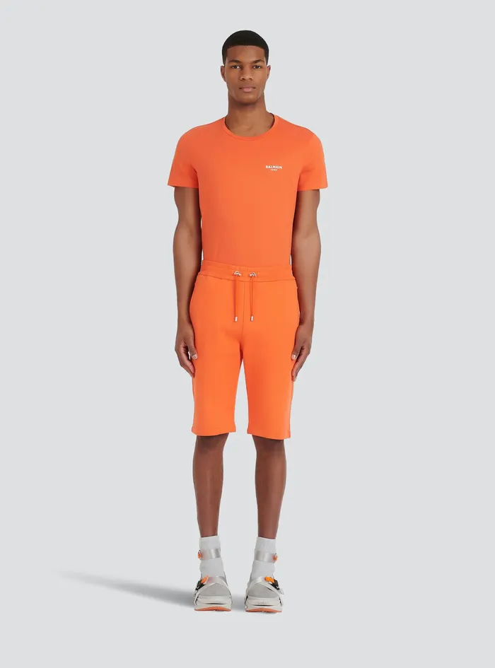 Balmain Trousers And Shorts Mens Cotton Shorts With Flocked Balmain Paris Logo Orange