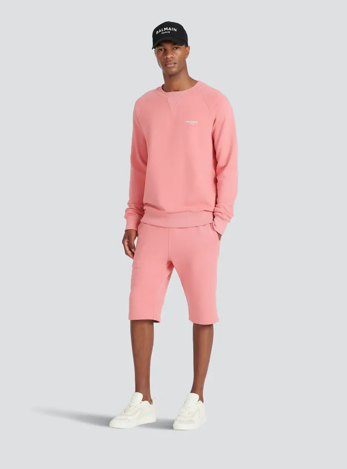 Balmain Trousers And Shorts Mens Cotton Shorts With Flocked Balmain Paris Logo Pink Balmain Trousers And Shorts Mens Cotton Shorts With Flocked Balmain Paris Logo Pink