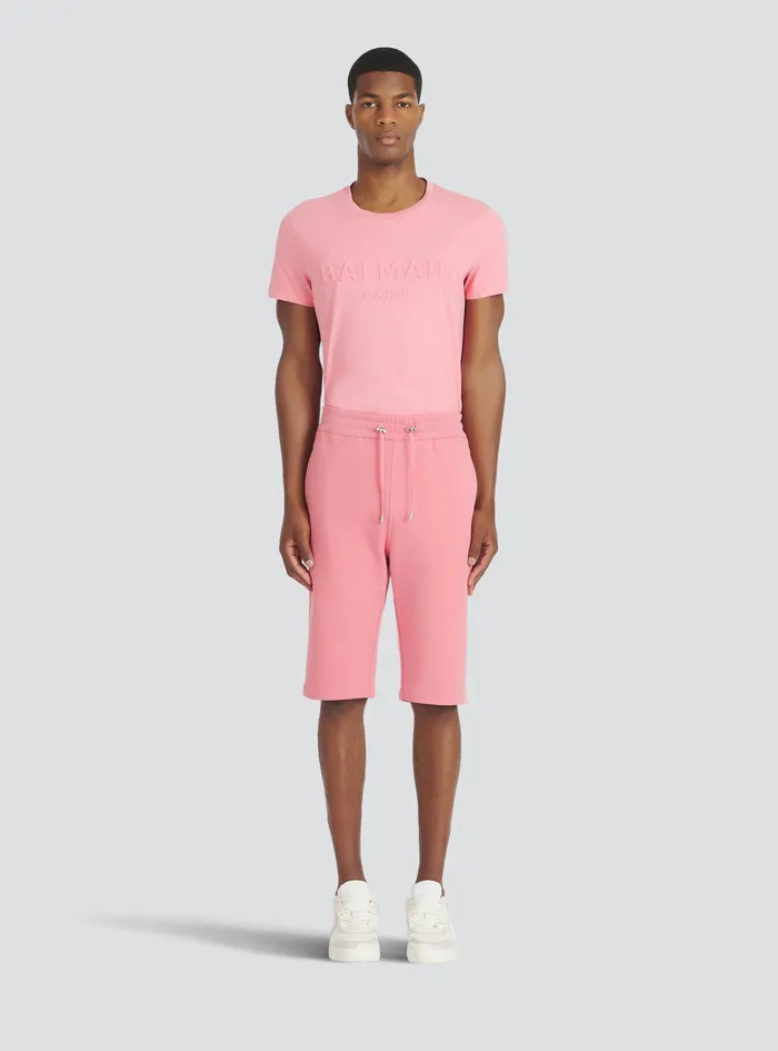 Balmain Trousers And Shorts Mens Cotton Shorts With Flocked Balmain Paris Logo Pink Balmain Trousers And Shorts Mens Cotton Shorts With Flocked Balmain Paris Logo Pink
