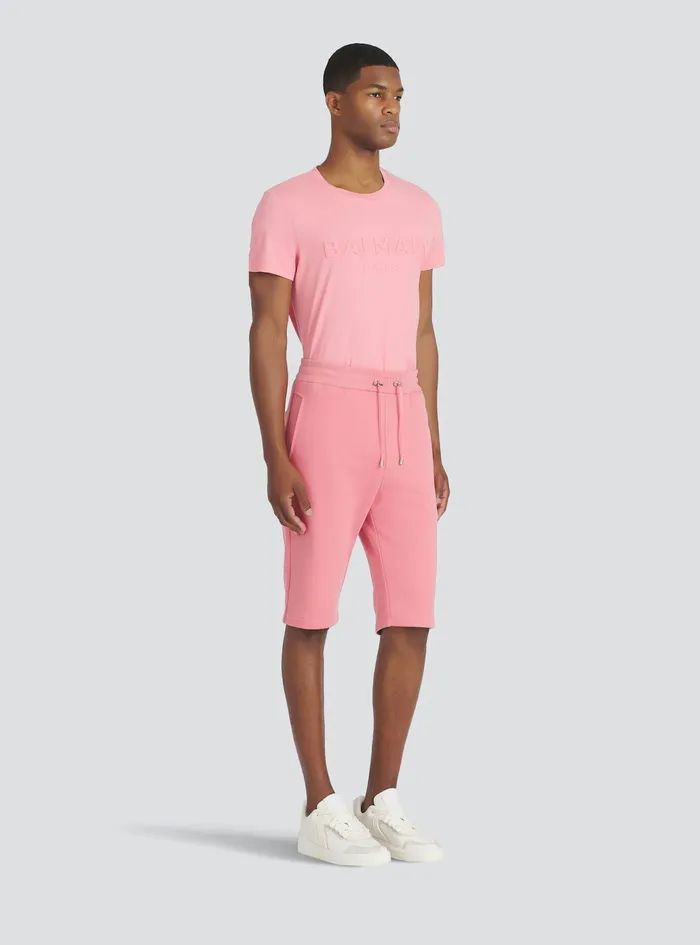 Balmain Trousers And Shorts Mens Cotton Shorts With Flocked Balmain Paris Logo Pink Balmain Trousers And Shorts Mens Cotton Shorts With Flocked Balmain Paris Logo Pink