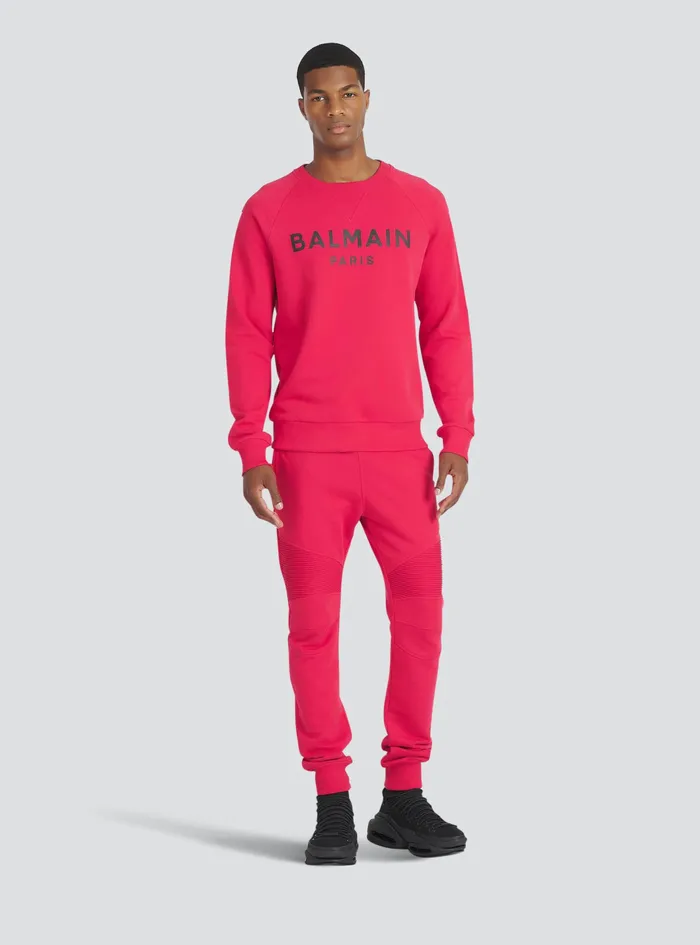 Balmain Trousers And Shorts Mens EcoDesigned Cotton Sweatpants With Black Balmain Logo Print Red