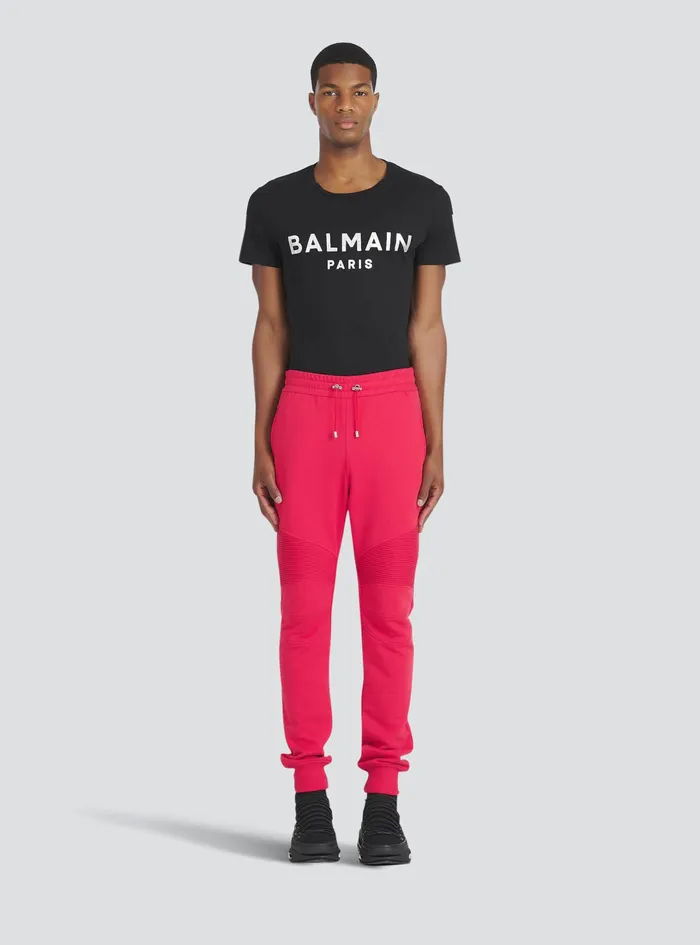 Balmain Trousers And Shorts Mens EcoDesigned Cotton Sweatpants With Black Balmain Logo Print Red